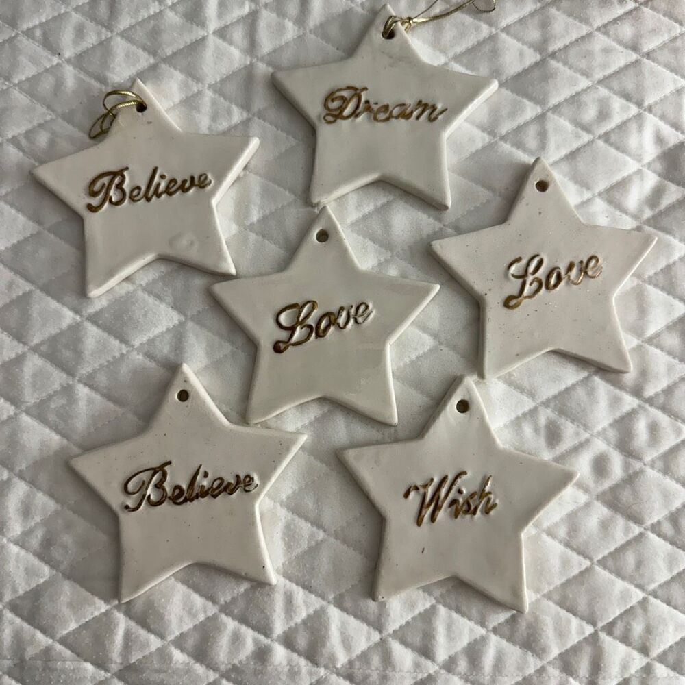 Star Christmas Ornaments Cream Gold Lettering Ceramic 6 Pieces